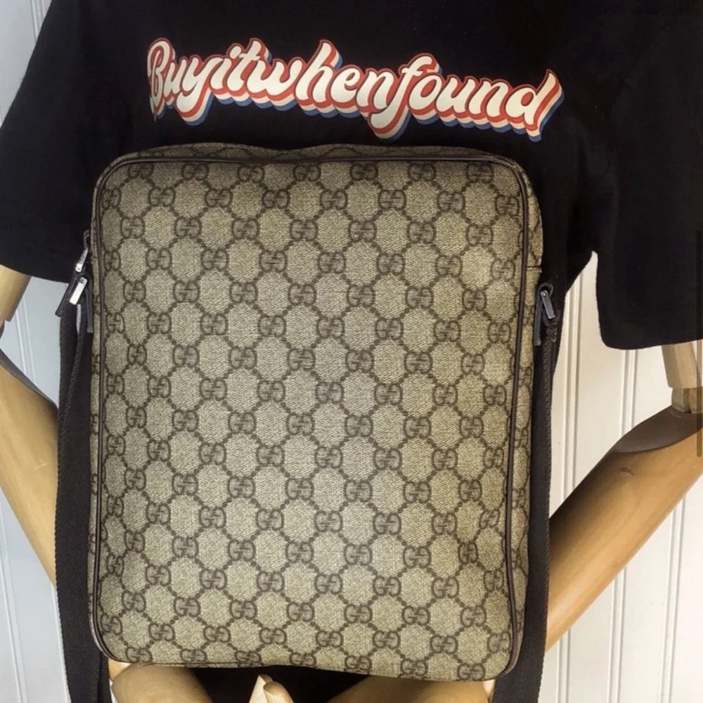 GUCCI GG Monogram Beige Coated Canvas and Dark Brown Leather Messenger Bag